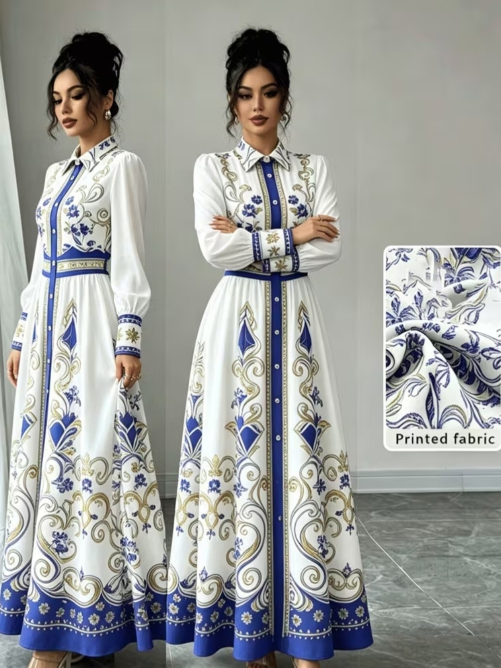 White & Blue Printed Long Sleeve Maxi Dress